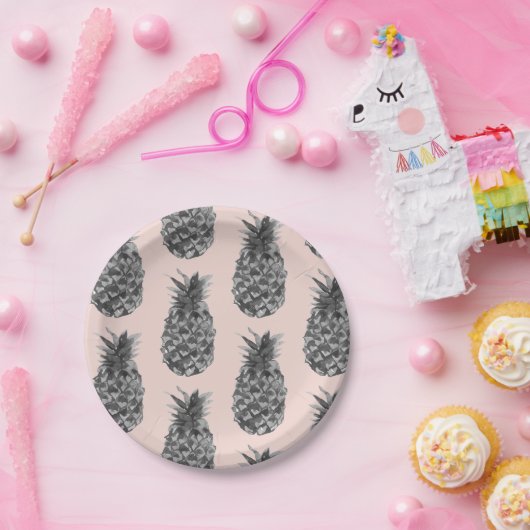 Tropisches Graues und rosa Ananas Nahtloses Muster Pappteller (Party)