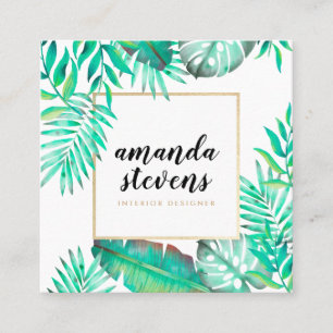 Tropisches Grün-Blätter Chicgoldrahmen Watercolor Quadratische Visitenkarte