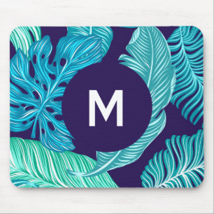 Tropisches Grün-Blau-Blattmuster Monogramm Mousepad