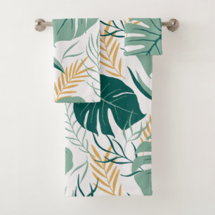 Tropisches Grün Gelbes Blumenmuster Monstera Blatt Badhandtuch Set