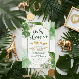 Tropisches Grün Gold Safari Tiere Baby Shower Einladung