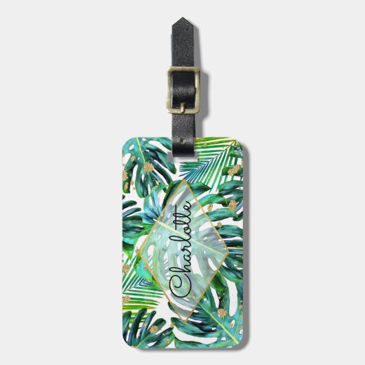 Tropisches Grün-GoldGlitzer-Palmblatt-Muster Gepäckanhänger (Vorderseite vertikal)