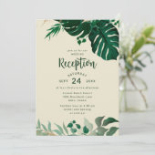 Tropisches Grün mit Goldblättern Hochzeitsempfang Einladung (Stehend Vorderseite)