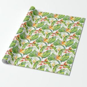 Tropisches Grün Monstera & Orange Blätter Aquarell Geschenkpapier