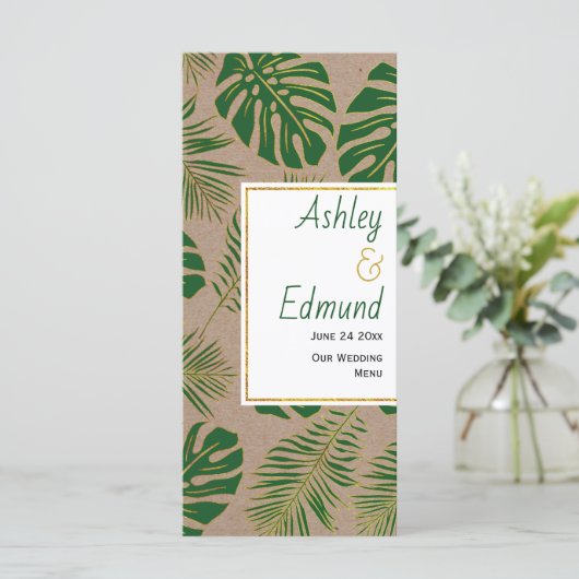 Tropisches Grün und Gold rustikale Hochzeitskarte Menükarte (Stehend Vorderseite)