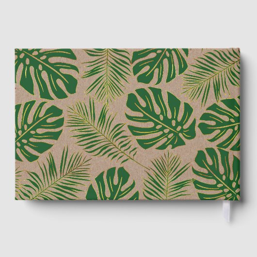 Tropisches Grün und goldene Blätter rustikale Hoch Gästebuch (Rückseite)