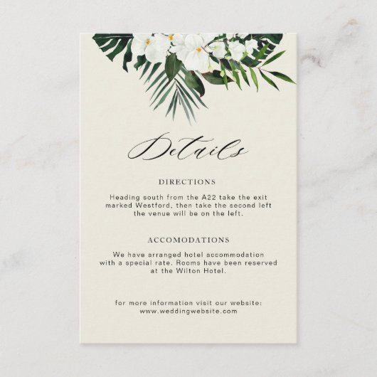 Tropisches Grün, weiße Blumen Hochzeitsdetails Begleitkarte (Vorderseite)