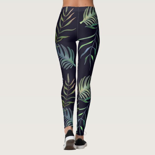 Tropisches grünes Blattpalmenblatt Blaublau Leggings (Rückseite)
