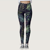 Tropisches grünes Blattpalmenblatt Blaublau Leggings (Vorderseite)