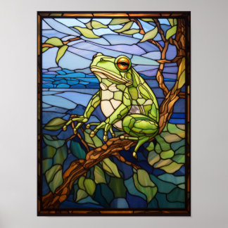 Tropisches grünes Frosch-Buntglas-Panel Poster
