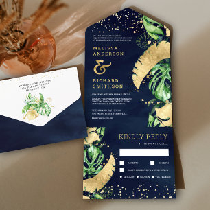 Tropisches grünes Gold Monstera Palme Navy Hochzei All In One Einladung