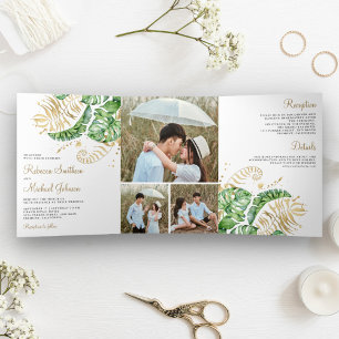 Tropisches grünes Gold Monstera Palmwedel Hochzeit Dreifach Gefaltete Einladung