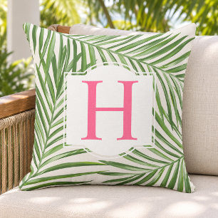 Tropisches grünes Palmblatt Beige Monogramm Initia Kissen