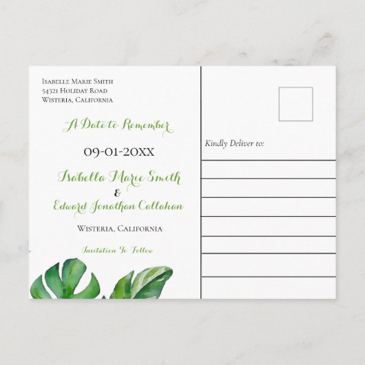 Tropisches grünes Wasser Monstera Save the Date Postkarte (Rückseite)