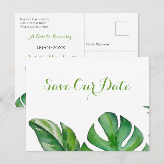 Tropisches grünes Wasserfarben-Monstera Save The D Postkarte (Vorne/Hinten)