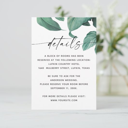 Tropisches Grünfolien-Skript Hochzeitsdetails Begleitkarte (Stehend Vorderseite)
