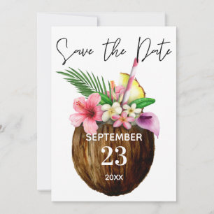 Tropisches hawaiianisches Blumen- & Kokosnuss-Save Save The Date