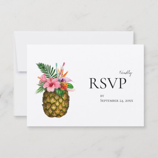 Tropisches Hawaiianisches Flora und Ananas mit ode RSVP Karte (Vorderseite)
