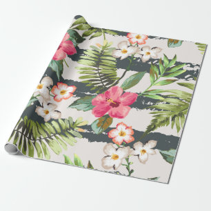 Tropisches Hibiskus-Blumen-Blätter-Streifen-Muste Geschenkpapier