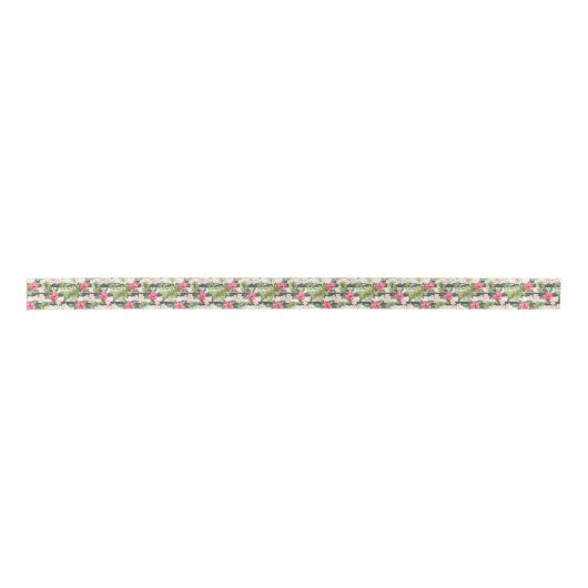 Tropisches Hibiskus-Blumen-Blätter-Streifen-Muster Satinband (Vorderseite)