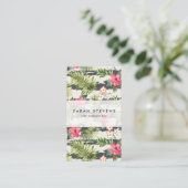 Tropisches Hibiskus-Blumen-Blätter-Streifen-Muster Visitenkarte (Stehend Vorderseite)