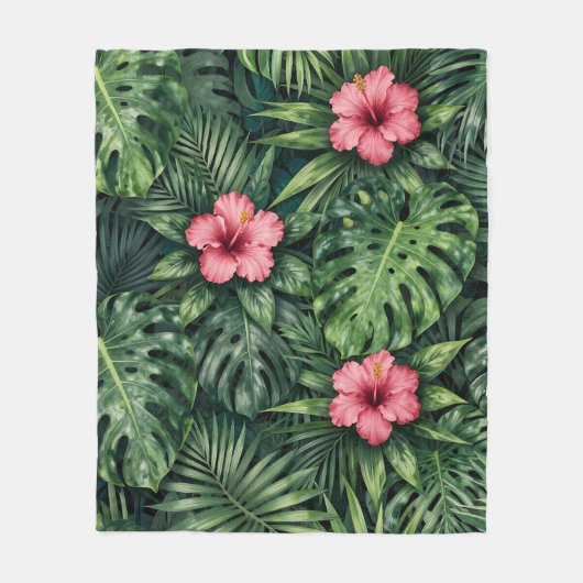 Tropisches Hibiskus Monstera Dschungel Muster Fleecedecke (Vorderseite)