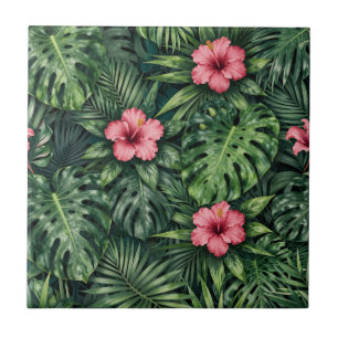 Tropisches Hibiskus Monstera Dschungelmuster Fliese