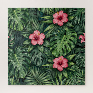 Tropisches Hibiskus Monstera Dschungelmuster Puzzle