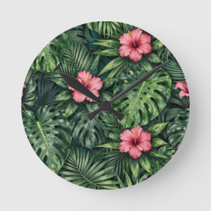 Tropisches Hibiskus Monstera Dschungelmuster Runde Wanduhr