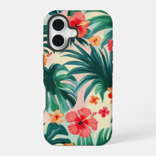 Tropisches Hibiskus- und Palmenblätter-Muster iPhone 16 Hülle