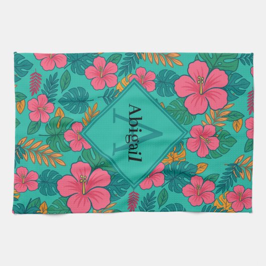 Tropisches Hibiskus- und Palmenblattmuster Geschirrtuch (Horizontal)