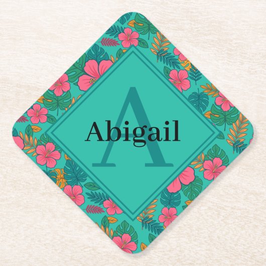 Tropisches Hibiskus- und Palmenblattmuster Untersetzer (Vorderseite)