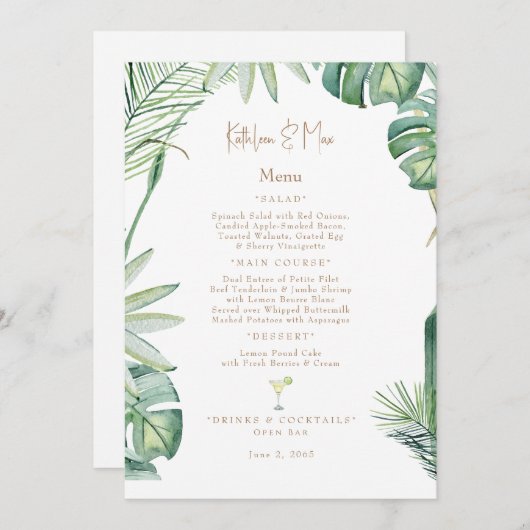 Tropisches Hochzeitsmenü Menükarte (Vorne/Hinten)