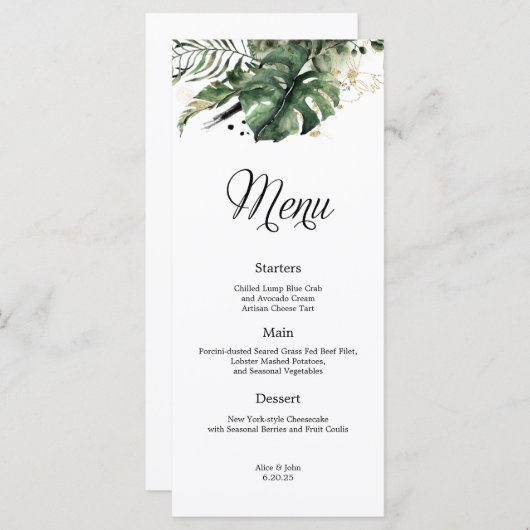 Tropisches Hochzeitsmenü mit Gold und Grün Menükarte (Vorne/Hinten)