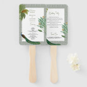 Tropisches Hochzeitsprogramm für Vintage Pfauenfed Fächer (Vorne und Hinten)