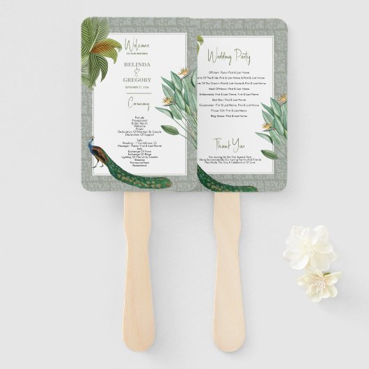 Tropisches Hochzeitsprogramm für Vintage Pfauenfed Fächer (Vorne und Hinten)
