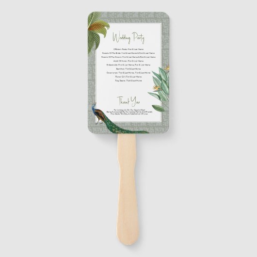 Tropisches Hochzeitsprogramm für Vintage Pfauenfed Fächer (Rückseite)