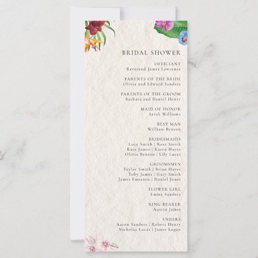 Tropisches Hochzeitsprogramm für Wasserfarben (Rückseite)