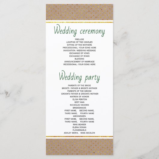 Tropisches Hochzeitsprogramm in Grün und Gold Programm (Rückseite)