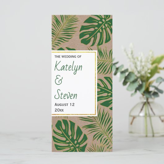 Tropisches Hochzeitsprogramm in Grün und Gold Programm (Stehend Vorderseite)