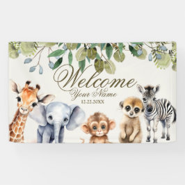 Tropisches Jungle Safari Tiere Grüne Blätter Party Banner