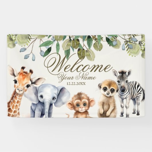Tropisches Jungle Safari Tiere Grüne Blätter Party Banner (Horizontal)