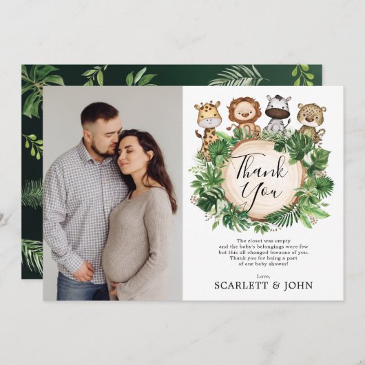 Tropisches Jungle Wild Animals Baby Dusche Foto Dankeskarte (Vorne/Hinten)