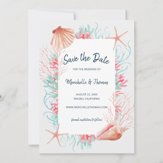 Tropisches Korallenriff | Aquarell Beach Seashells Save The Date (Vorderseite)