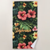 Tropisches Korallenrosa und gelber Hibiskus Strandtuch (Vorderseite)