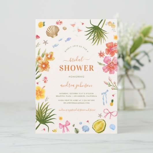Tropisches Küstenhandgezogenes Muscheln Brautparty Einladung (Stehend Vorderseite)