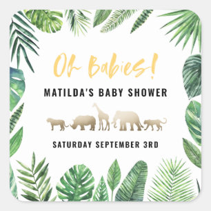 Tropisches Laub + Goldtier-Babyduschen-Party Quadratischer Aufkleber