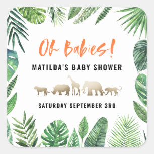 Tropisches Laub + Goldtier-Babyduschen-Party Quadratischer Aufkleber