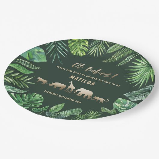 Tropisches Laub + Goldtier-DoppelBabyparty Pappteller (Schrägansicht)