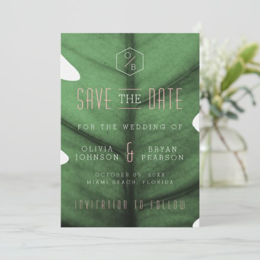 Tropisches Leaf Art Déco Save the Date Inspiriert Einladung (Stehend Vorderseite)